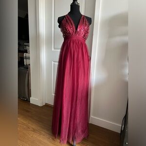 Akira burgundy sequined deep V maxi with double leg slit